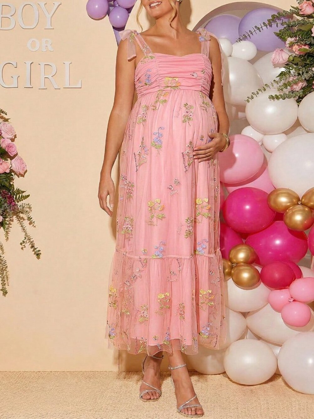 Pink Elegant Women's Floral Embroidered Mesh Strap Maternity Dress